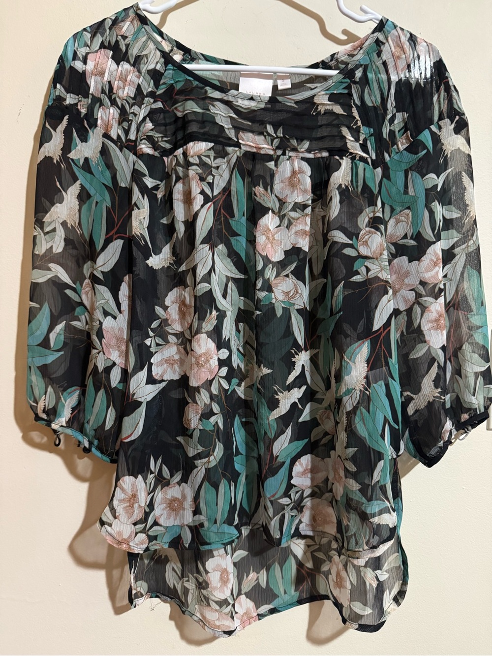 LC Lauren Conrad Black Sheer Floral Blouse with Teal & Blush Accents